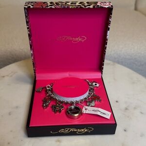 Ed Hardy Pink and Silver Watch Charm Bracelet NIB